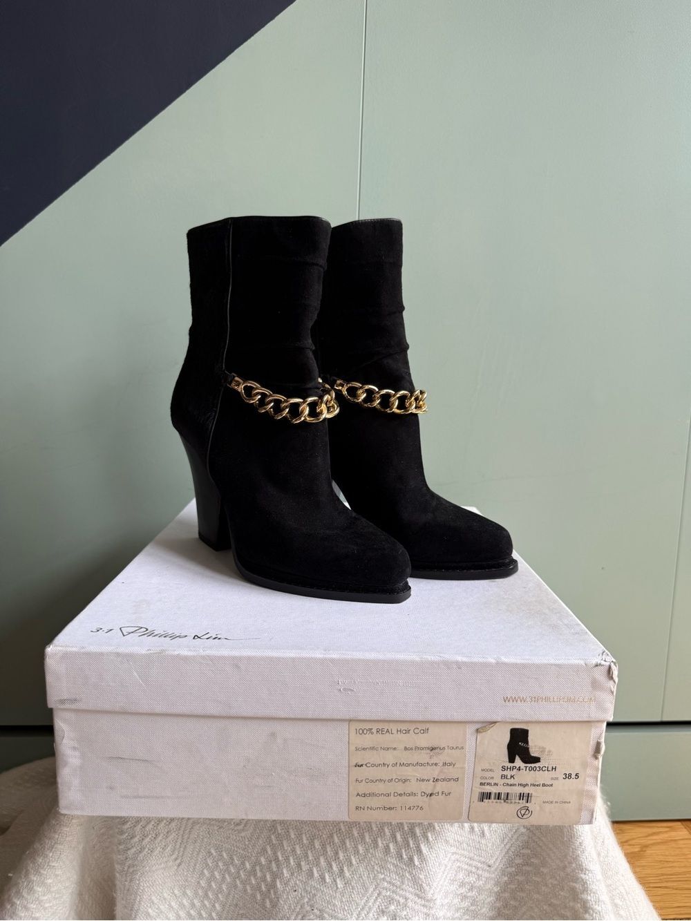3.1 Phillip Lim Black Suede / Calf Hair Berlin Chain Detail Ankle Boots, Sz 38.5